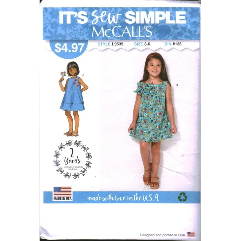 McCalls L9535 Childrens Dress Sewing Pattern Sz 3-6 Pullover Ruffle Bow Scallop